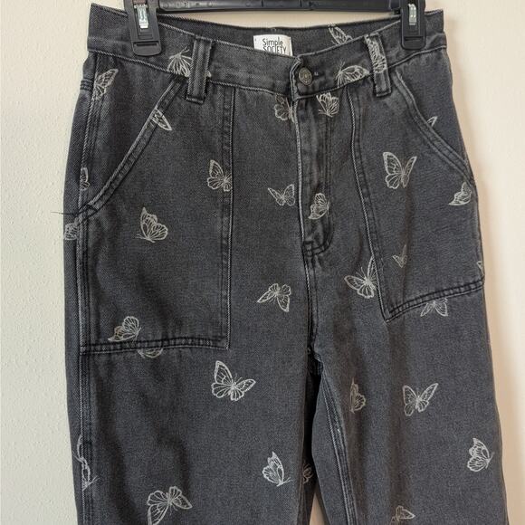 Simple Society Charcoal Gray High Waist Butterfly Print Y2K Style Straight Jeans - Picture 2 of 9